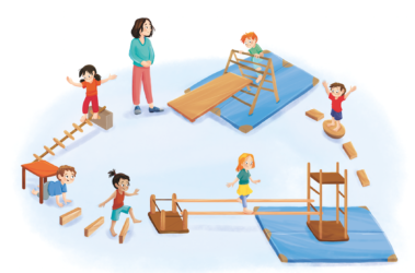 Illustration eines Bewegungs-Parcours in der Kita.