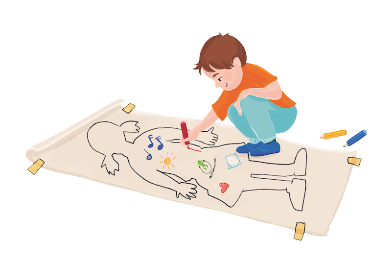 Infoseite "Ich mach Dich stark - Du machst mich stark". Auf spielerische Weise werden Kinder dazu animiert, Stärken von anderen, aber auch sich selbst, zu erkennen. Pro Kind wird ein lebensgroßes Stück Tapete mit Krepppapier auf den Boden geklebt, auf das die Konturen der Kinder gemalt werden. Immer zwei Kinder bilden hierbei ein Team und malen sich gegenseitig. Danach malt jedes Kind bei seinem Partnerkind ein Bild, was das andere Kind gut kann. Zum Beispiel einen Roller, wenn das Kind besonders geschickt Roller fährt oder Noten, wenn das Kind musikalisch ist. Bei diesem Teil der Aufgabe sind alle Kinder gefragt, nicht nur das Zweierteam. Am Ende sollte jedes Kind bei jedem Anderen und bei sich selbst ein Symbol für die jeweilige Stärke gemalt haben. Am Ende werden die Tapeten aufgehängt und gemeinsam besprochen, so dass Alle ein besseres Gefühl für die eigenen Stärken und die der Anderen entwickeln können.