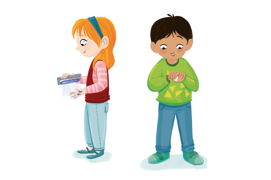 Illustration zeigt zwei Kinder bei der Desinfektion der Hände.