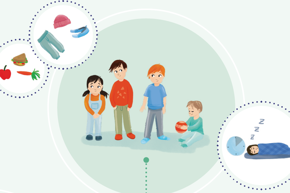 Illustration zeigt drei stehende und ein sitzendes Kind. Das sitzende Kind hält einen Ball.