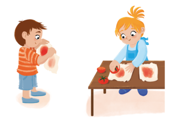 Illustration "Die Sonne bleicht aus" zeigt ein Experiment zum Bleichen von Gemüsesaft in der Sonne, um Kindern anschaulich zu zeigen, wie viel Kraft direktes Sonnenlicht hat. Hierzu wird mit angeschnittenem Gemüse, dessen Saft austritt auf zwei Stück weißem Papier oder Stoff etwas gemalt. Dann wird eines der Papiere oder der Stoffe in die pralle Sonne gelegt. Das andere Stück wird an eine schattige Stelle im Raum gelegt. Nach einigen Tagen wird verglichen. Zu Beginn sind die Farben auf allen Blättern oder Stoffen gleich intensiv. Bereits nach ein bis zwei Stunden wird aber ein Unterschied erkennbar. Die Farben auf den sonnenbeschienen Blättern oder Stoffen werden heller. Nach einigen Stunden sind einige fast nicht mehr zu sehen oder sogar ganz verschwunden.