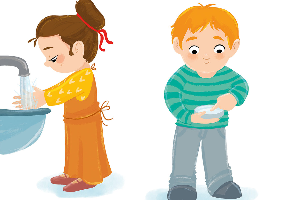 Illustration "Fingerabdruck - Keime sichtbar machen" zeigt ein Experiment, das sichtbar macht, wie viele Keime an unsauberen Händen zu finden sind. Hierzu wird ein Fingerabdruck einmal vor und einmal nach dem Händewaschen genommen und in eine Petrischale mit Universalnährboden gedrückt. Die Petrischale wird dann luftdicht verschlossen und mindestens über Nacht an einem warmen, aber nicht zu heißen Ort gelagert. Aus den Keimen bilden sich dann Keimkolonien und man kann mit bloßem Auge erkennen, dass der Abdruck des ungewaschenen Fingers mit mehr und größeren Flecken besiedelt ist.