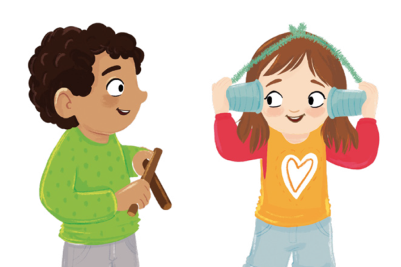 Illlustration zeigt ein Mädchen mit einem Dosentelefon und einen Jungen mit zwei Holzstöcken.