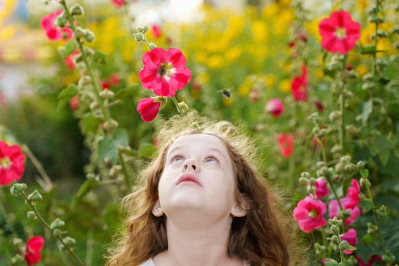 Little girl is looking up at the bee. Facial emotions of fear, fright.; Shutterstock ID 1154157085; Purchase Order: Kiki 02-2020; Job: 2510 Ein kleines Mädchen steht in einem Blumenfeld und guckt zu einer Biene herauf.