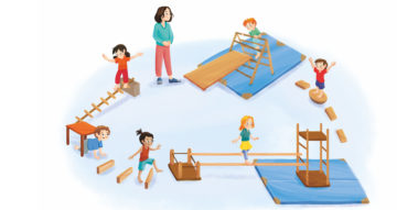 Illustration eines Parcours aus Hengstenberg-Material wie Hühnerleiter, schiefe Ebene, Turm und Balancierstangen. Kinder nutzen diese Geräte und eine Erzieherin passt auf.