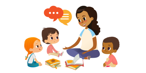 Pädagogische Fachkraft interagiert mit mehreren Kindern