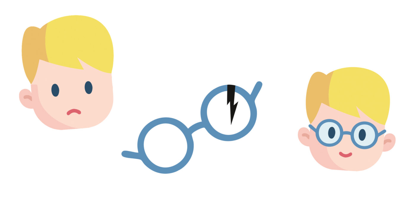 Illustration eines Kinderkopfes und einer beschädigten Brille