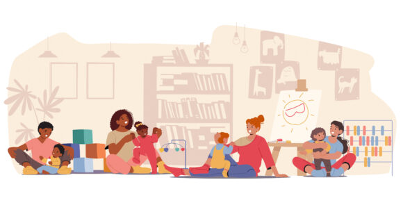 Illustration eines Raumes, in dem vier Erwachsene mit je einem Kind sitzen.