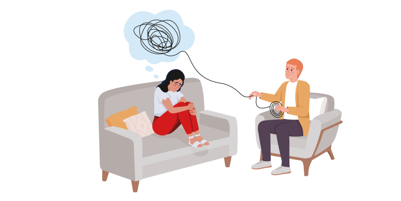 Illustration zweier Menschen. Der Mann fängt mit einem Lasso die Gedanken der Frau ein.