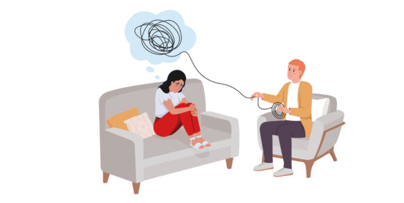 Illustration zweier Menschen. Der Mann fängt mit einem Lasso die Gedanken der Frau ein.