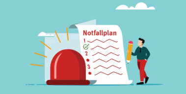Illustration einer Alarmleuchte, eines Zettel mit dem Text Notfallplan und einem Menschen mit einem Stift in der Hand