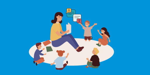 Illustration einer Frau, die auf dem Boden sitzt und sich mit mehreren Kindern unterhält; Sprechblasen mit Symbolen deuten verschiedene Sprachen an